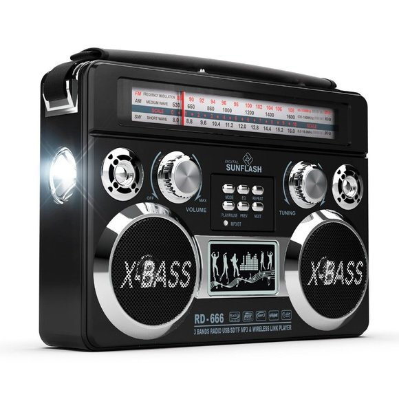 Black Portable Retro AM/FM/SW 3-Band Radio With Bluetooth & Flash Light Boombox - Picture 1 of 7